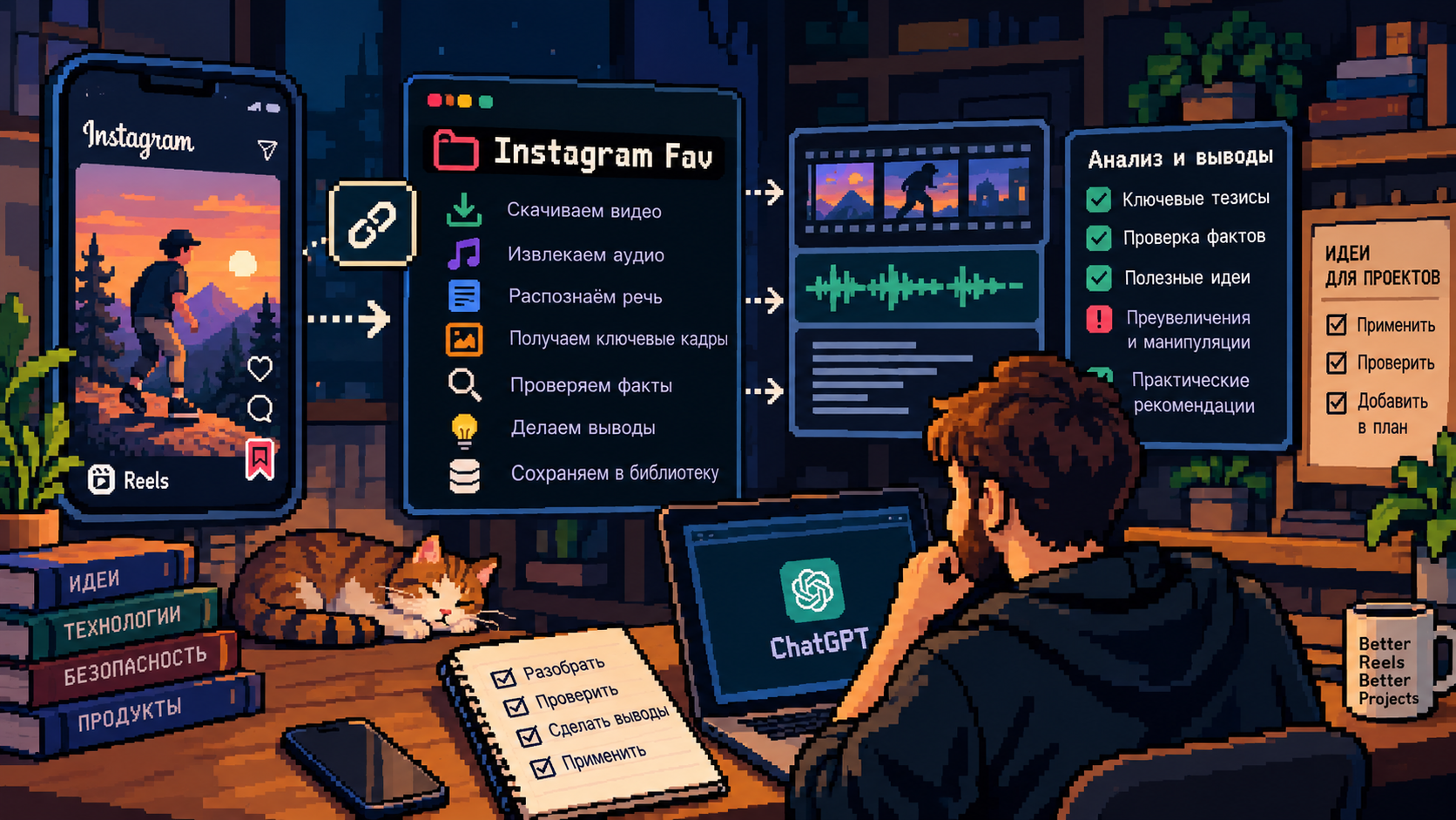 Пиксельная иллюстрация: Instagram Reel проходит через скачивание, распознавание речи и проверку фактов к идеям для проектов.