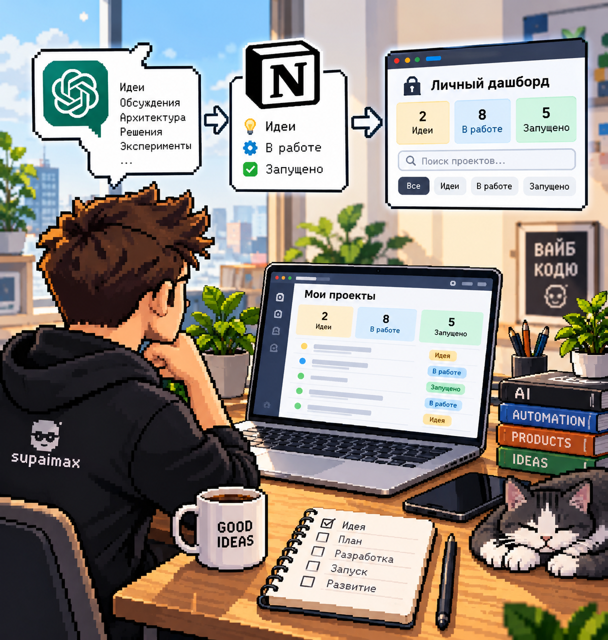 Пиксельная иллюстрация: идеи из ChatGPT переходят в карточки Notion и личный закрытый дашборд.