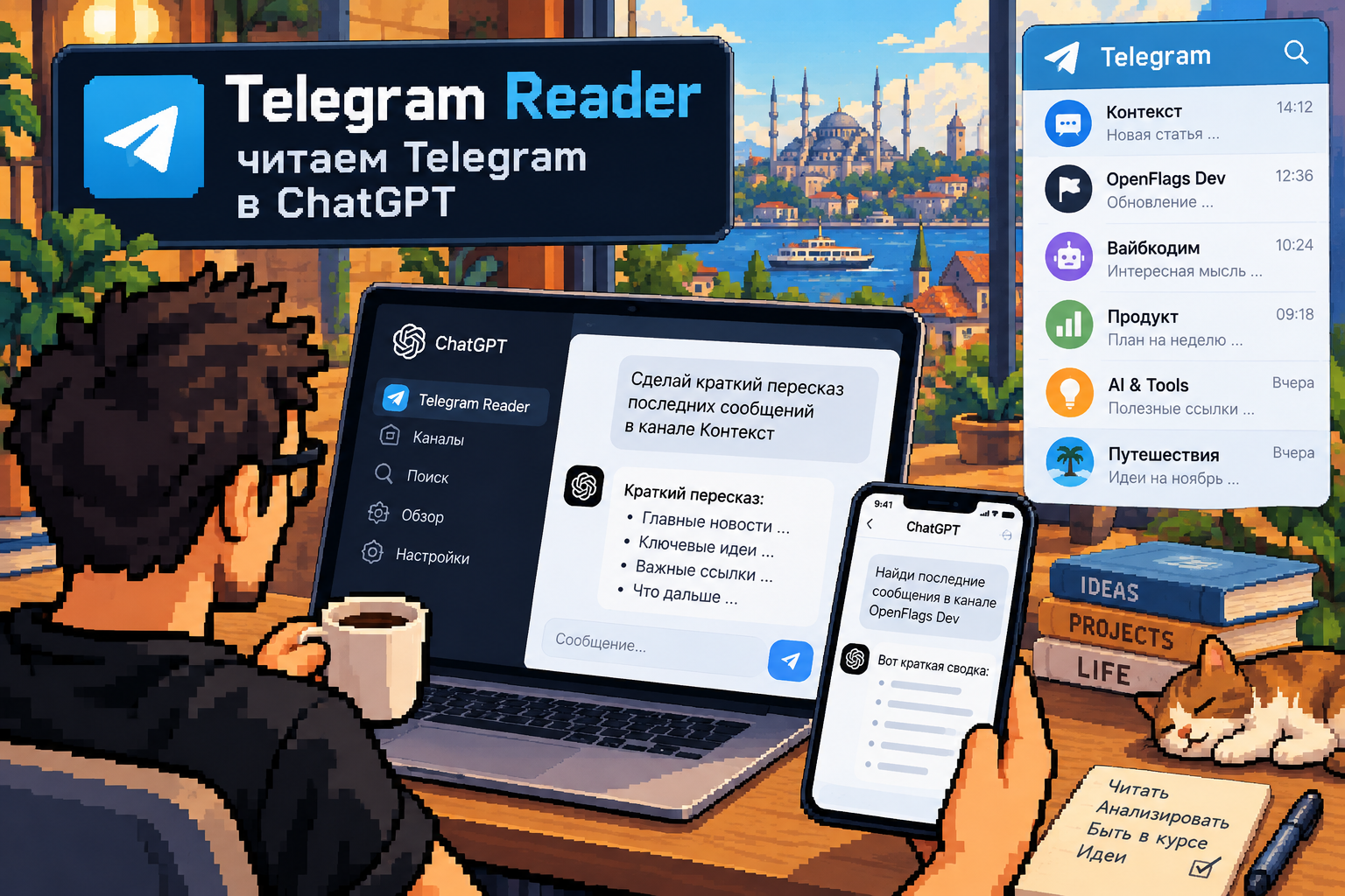 Пиксельная иллюстрация: Telegram Reader помогает читать Telegram-каналы в ChatGPT на ноутбуке и телефоне.